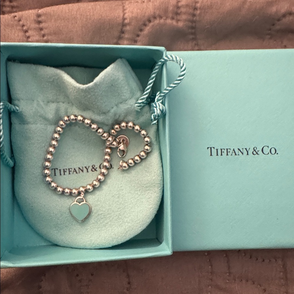 Tiffany & Co. Silver Bead Bracelet with Blue Heart